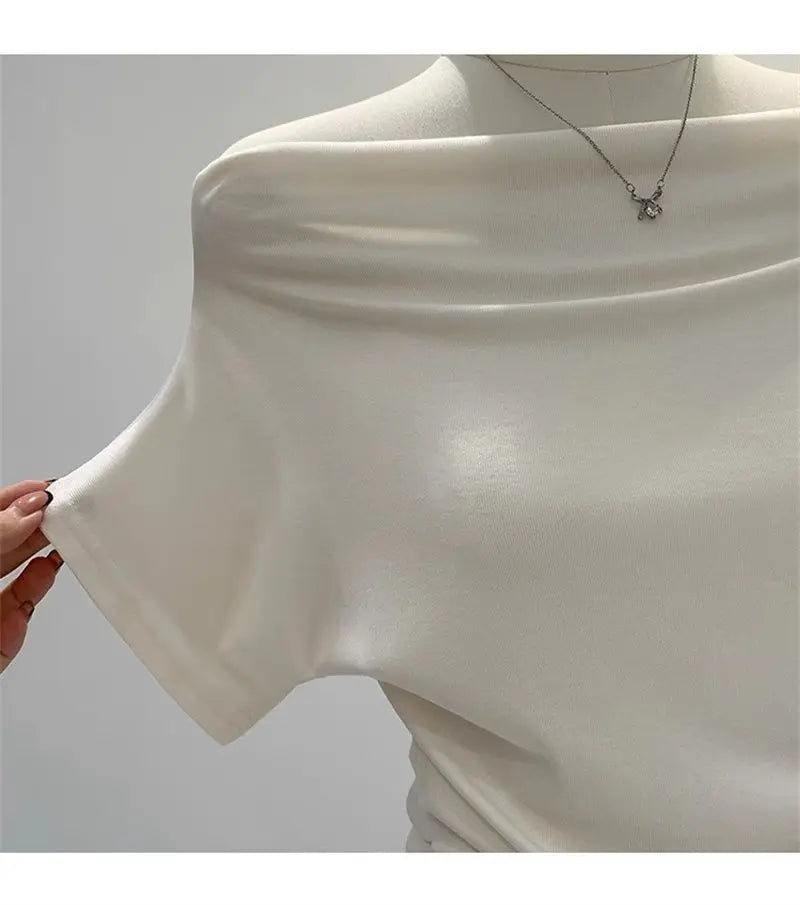Summer One Shoulder Black Women's T-shirt Short Sleeve Korean Style Slimming Top Exposed Shoulder Fashionable