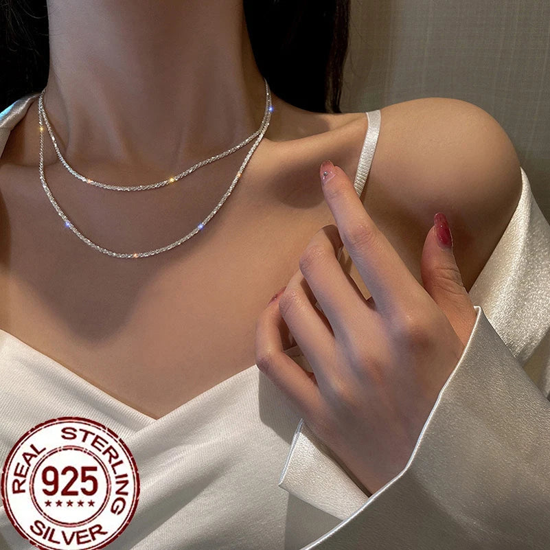 CWWZircons Genuine 925 Sterling Silver Round Cubic Zirconia Galaxy Stacked Thin Chain Necklace for Women Party Jewelry SD017