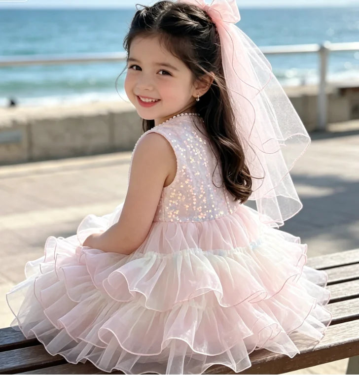 Girls Dress 2026 Spring Summer New Children's Clothing Korean Style Girl Baby Sweet Sequin Cake Princess Dress with Veil