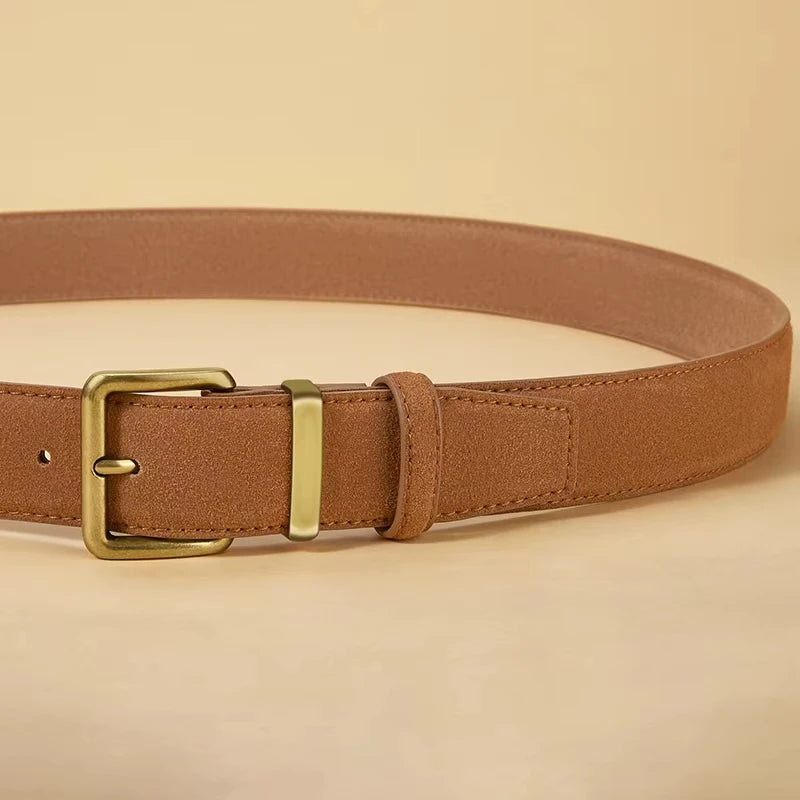 Luxury Suede Cowhide Leather Belt for Women, Vintage Style with Gold Buckle, 3.5cm Wide Waistband for Dresses & Jeans