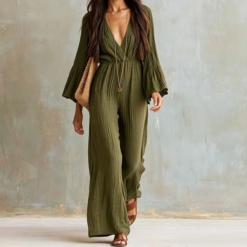 Women Solid Crinkle Jumpsuit Deep V 3/4 Flare Sleeve Elastic Waist Pocket Wide Leg Playsuit Bohemian Autumn Beach Holiday Romper