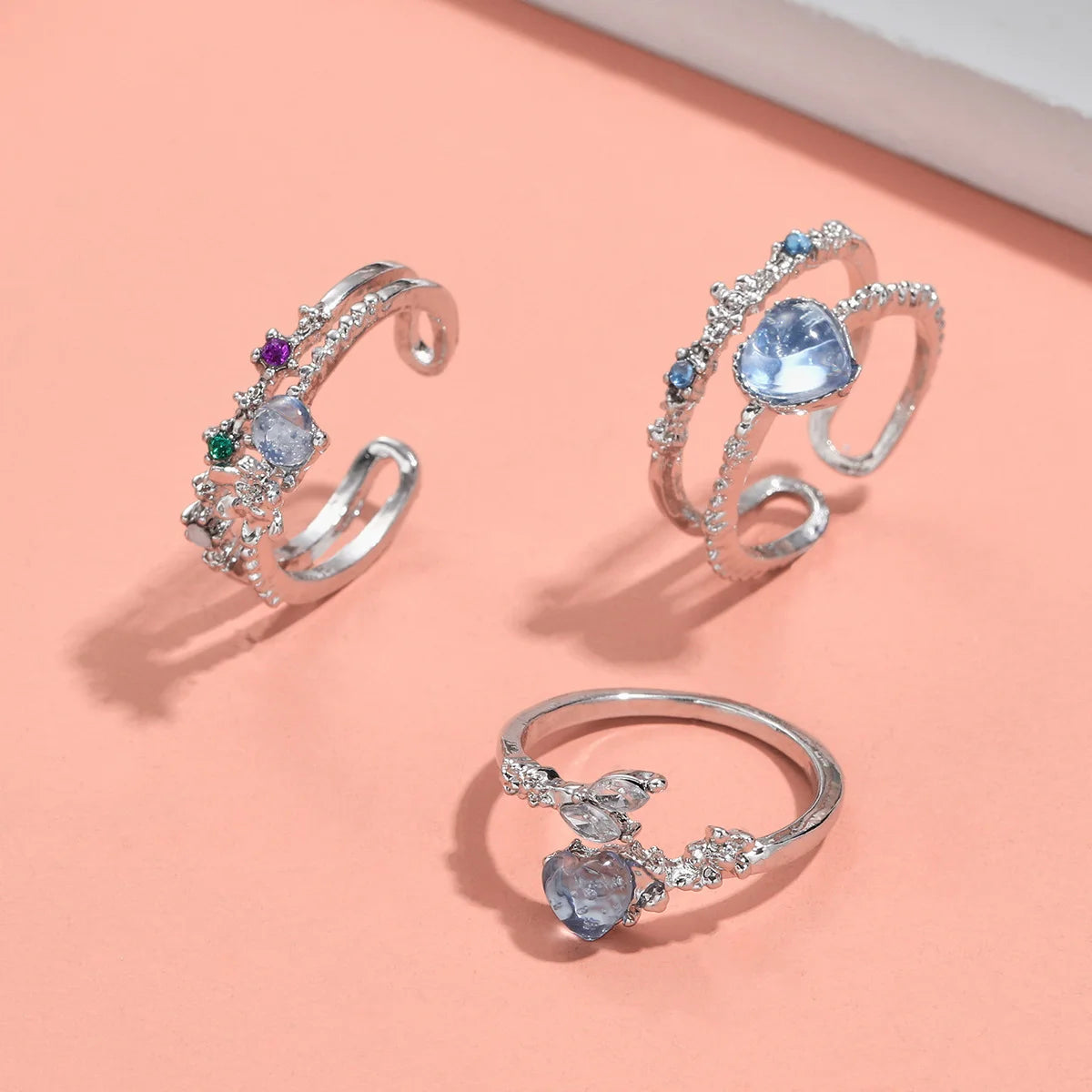 New Y2K Crystal Rings Kpop Heart Adjustable Ring Irregular Geometry Punk Vintage Rings Set for Women Girls 2024 Fashion Jewelry