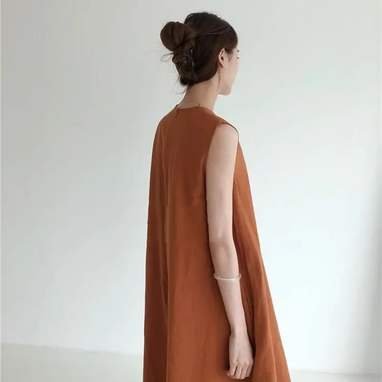 Korean Fashion Women Dress Casual Round Neck Loose Solid Color Casual Big Swing Sleeveless Long Linen Lazy Style Vestidos