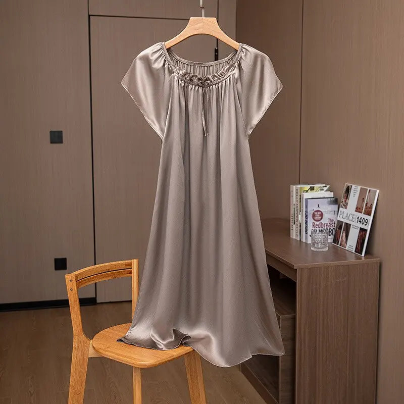 Loose 100%Silk Short Sleeve Nightgown, Summer Medium-long Satin Sleepwear Woman