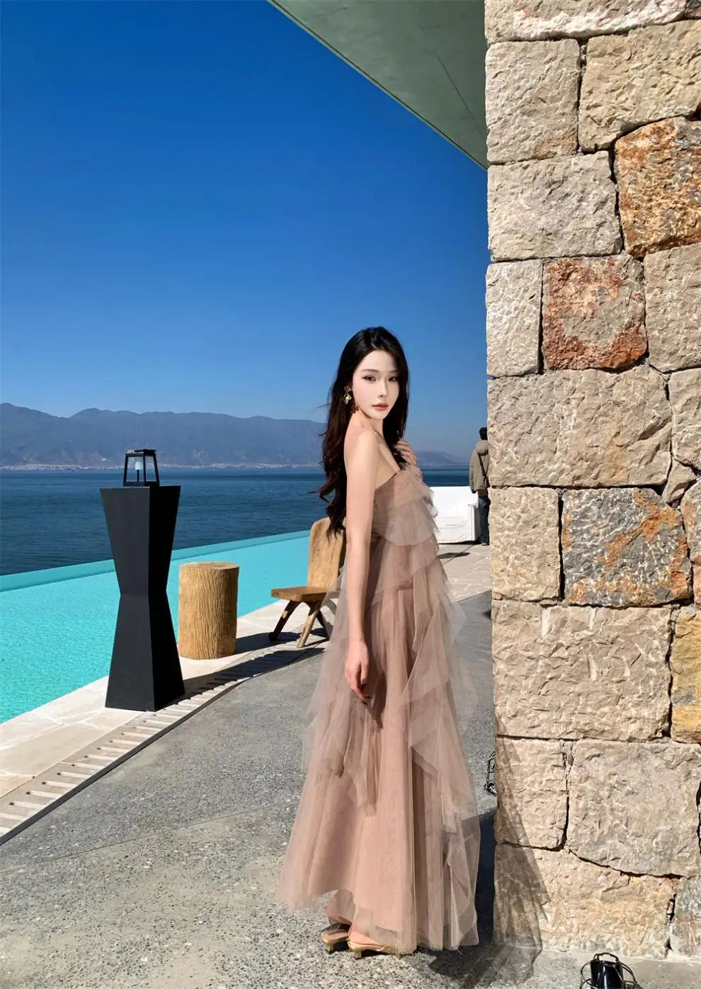 French Style plus Size Long Asymmetrical Shoulder Women's Dress Spring 2026 New Net Skirt High Waist Suede Fabric Casual Stre...