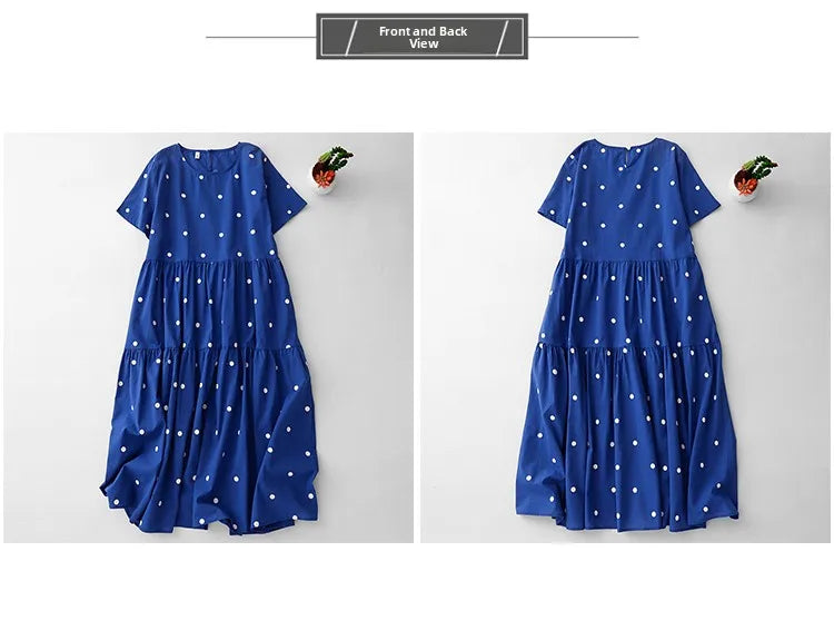 High-End Blue Pure Cotton Floral Print Dress Women's Summer 2025 round Neck Long Dress Polka Dot Skirt Comfortable A-Line