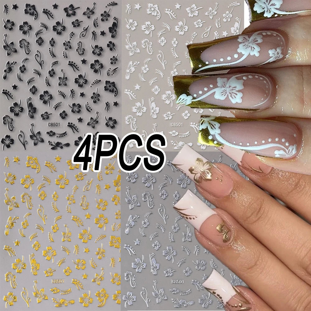 1 pieza 3D pegatinas de hibisco para uñas, flores blancas y negras, pétalos, calcomanías adhesivas, deslizadores florales rosas y dorados para decoración de uñas