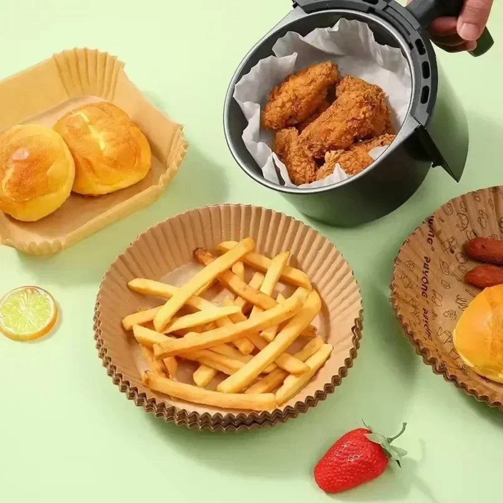 50/30 Piezas Accesorios de Cocina Papel para Freidora de Aire Utensilios de Cocina Desechables Cuadrados Redondos Moldes para Repostería Bandeja para BBQ Almohadilla Antiadherente