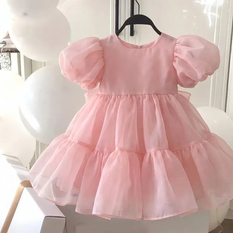 2026 Summer Girls Puff Sleeve Mesh Princess Dresses Sweety Bow Kids Wedding Clothing 1-10years Old Baby Girls Birthday Party Dre