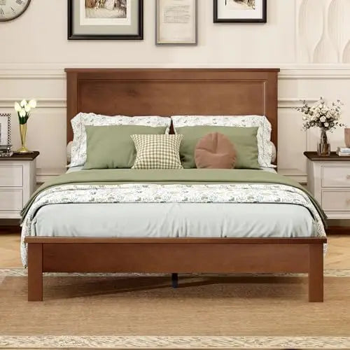 Full Size Wood Bed Frame, Mid-Century Modern Platform Bed with Headboard, Solid Wood Legs, Mattress Foundation with 12