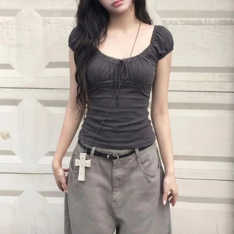 2000s Aesthetic Sweet Lace Short Top Women Lace Up T-shirt Short Sleeve Korean Fashion Female Tee Fairy Grunge Streetwear