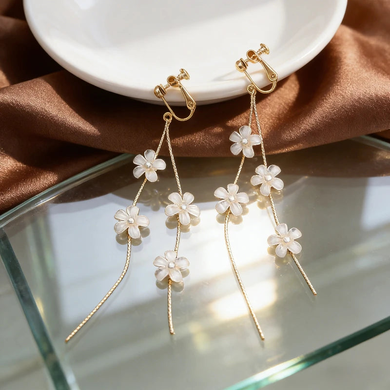 Korean Fashion Style Pearl Long Tassel Clip on Earrings for Women Simple Temperament Long Chain Non-piercing Ears Clip Earrings