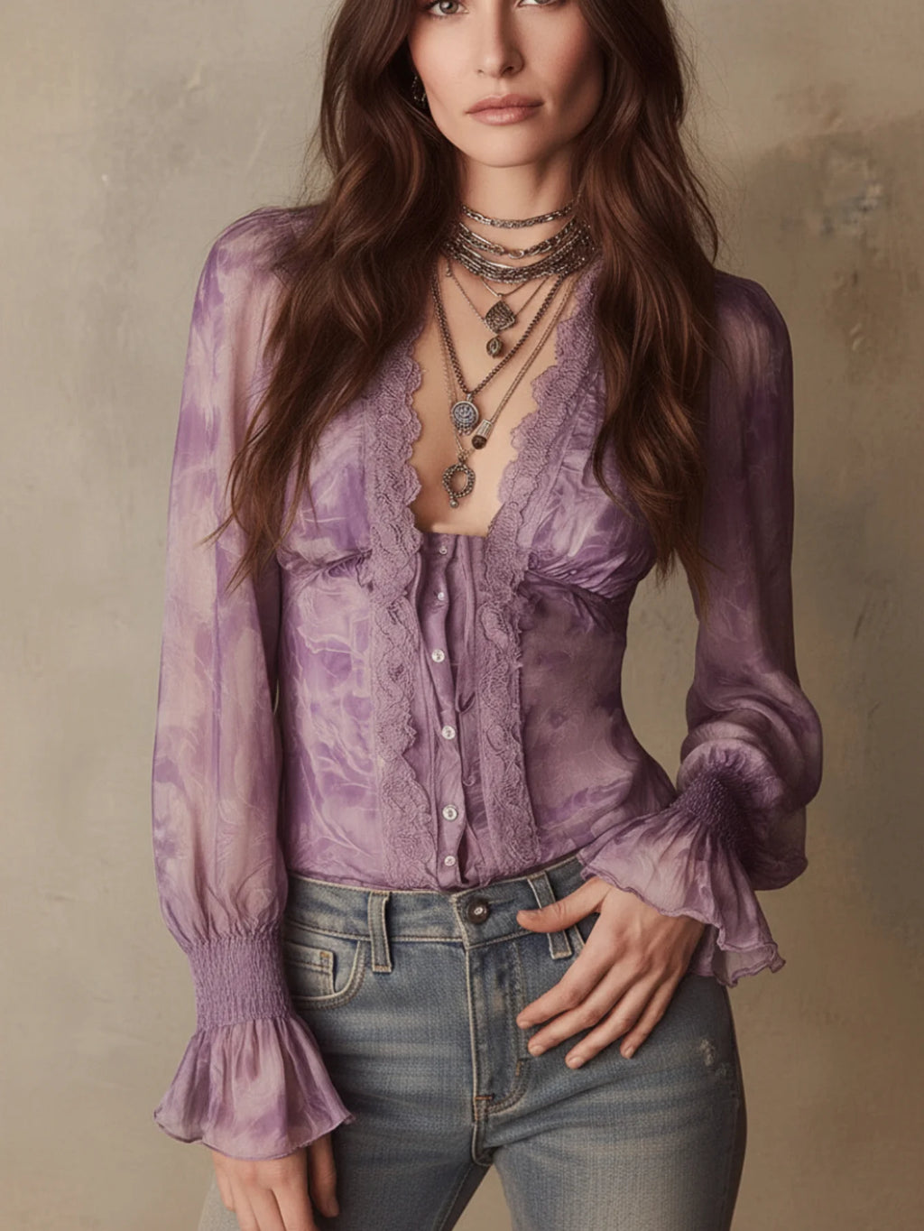 Women's V Neck Long Sleeve Blouse Tie Dye Print Smocked Flare Cuff Button Front Loose Casual Ladies Shirt