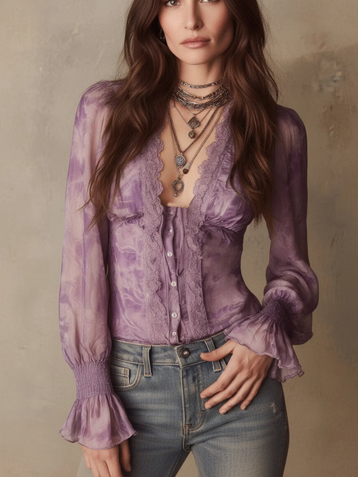 Women's V Neck Long Sleeve Blouse Tie Dye Print Smocked Flare Cuff Button Front Loose Casual Ladies Shirt
