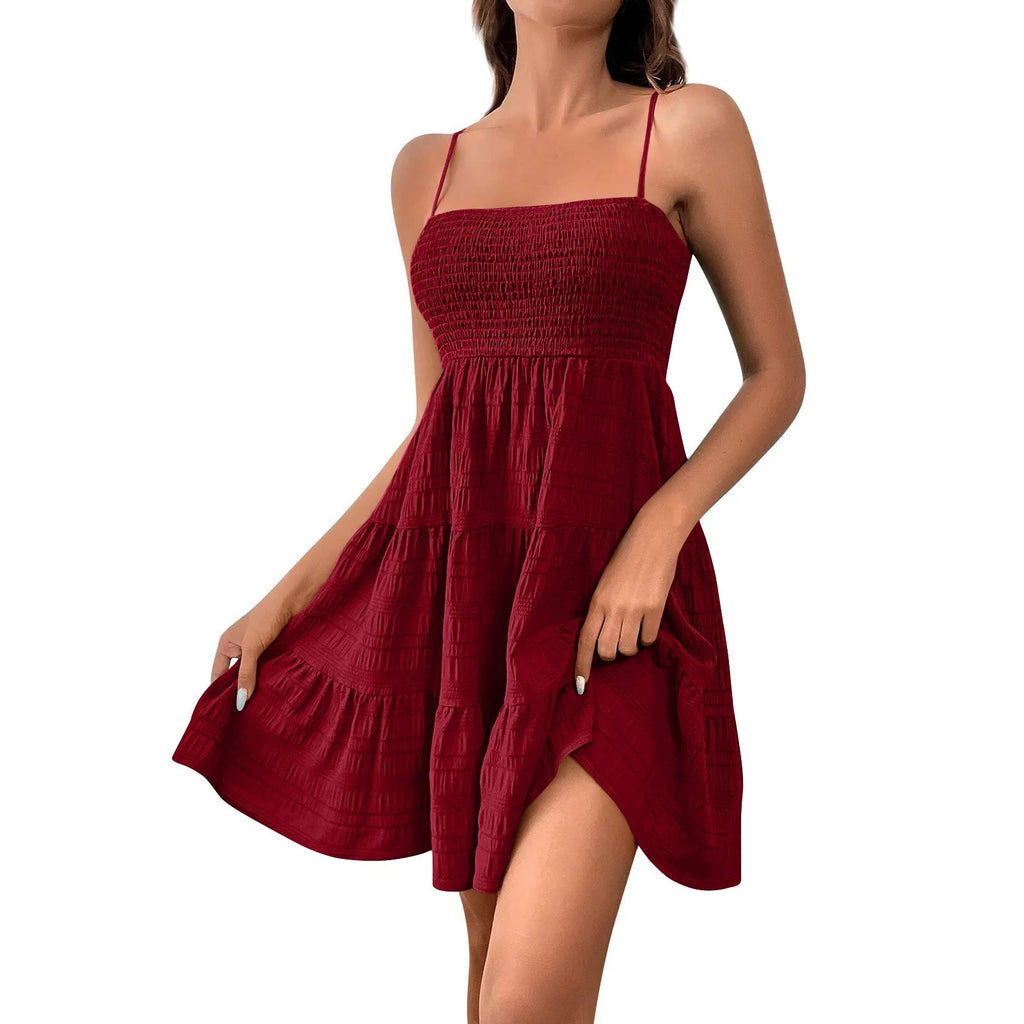 Bohemian Beach Sundress Women Sexy Sleeveless Backless Big Swing Mini Dress Solid Spaghetti Strap Ruffles Dresses Vestidos