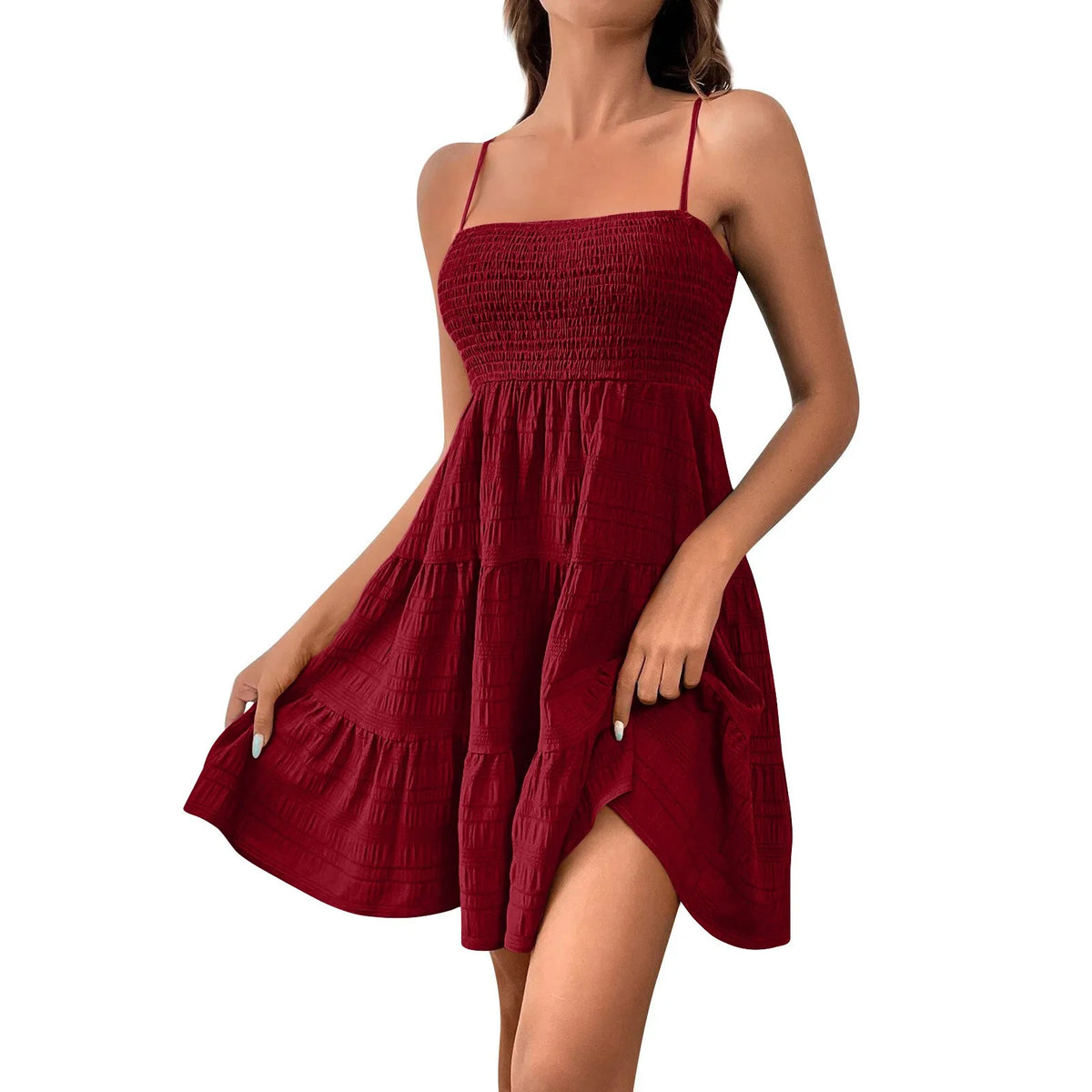 Bohemian Beach Sundress Women Sexy Sleeveless Backless Big Swing Mini Dress Solid Spaghetti Strap Ruffles Dresses Vestidos