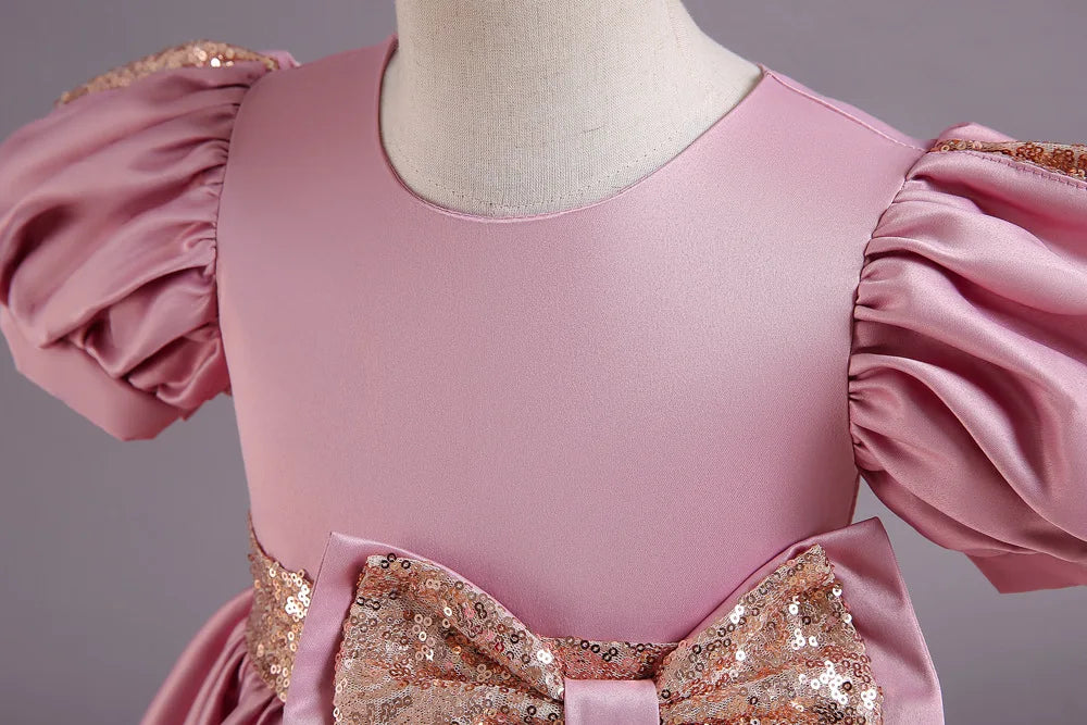 Golden Bow Satin Girls Dress For Weddings Party Children's Pageant Ball Gown Kids Formal Evening Clothing 2-8 10 Years
