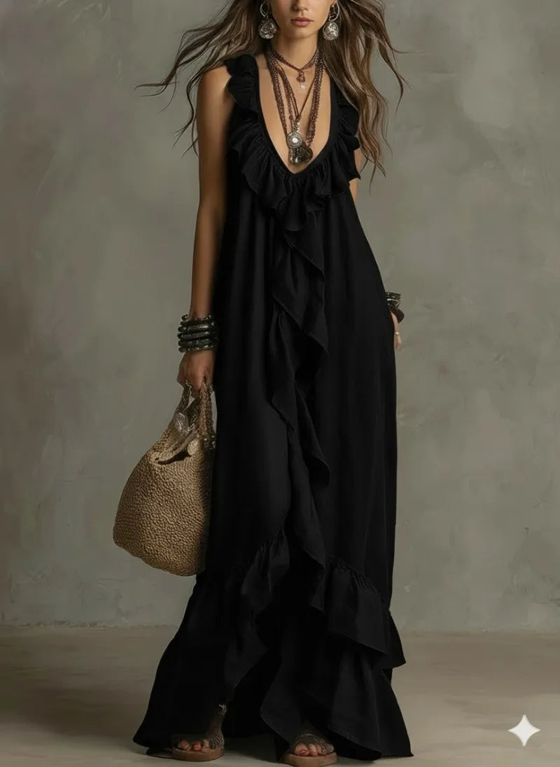 Boho Ruffled Maxi Dress Deep V Sleeveless Cascading Ruffle Loose Flowy Floor Length Beach Vacation Casual Long Dresses Cover Up