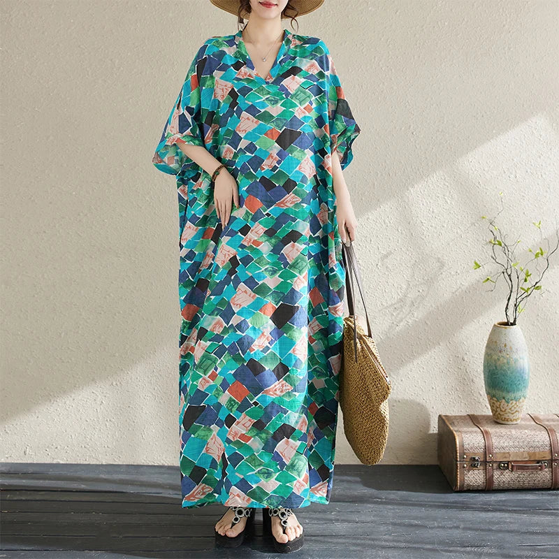 Summer Fashion Print Short Sleeve Dress V-Neck Conceal Hip Large Size Women's Dress Retro Commute Style Cotton Long Dress