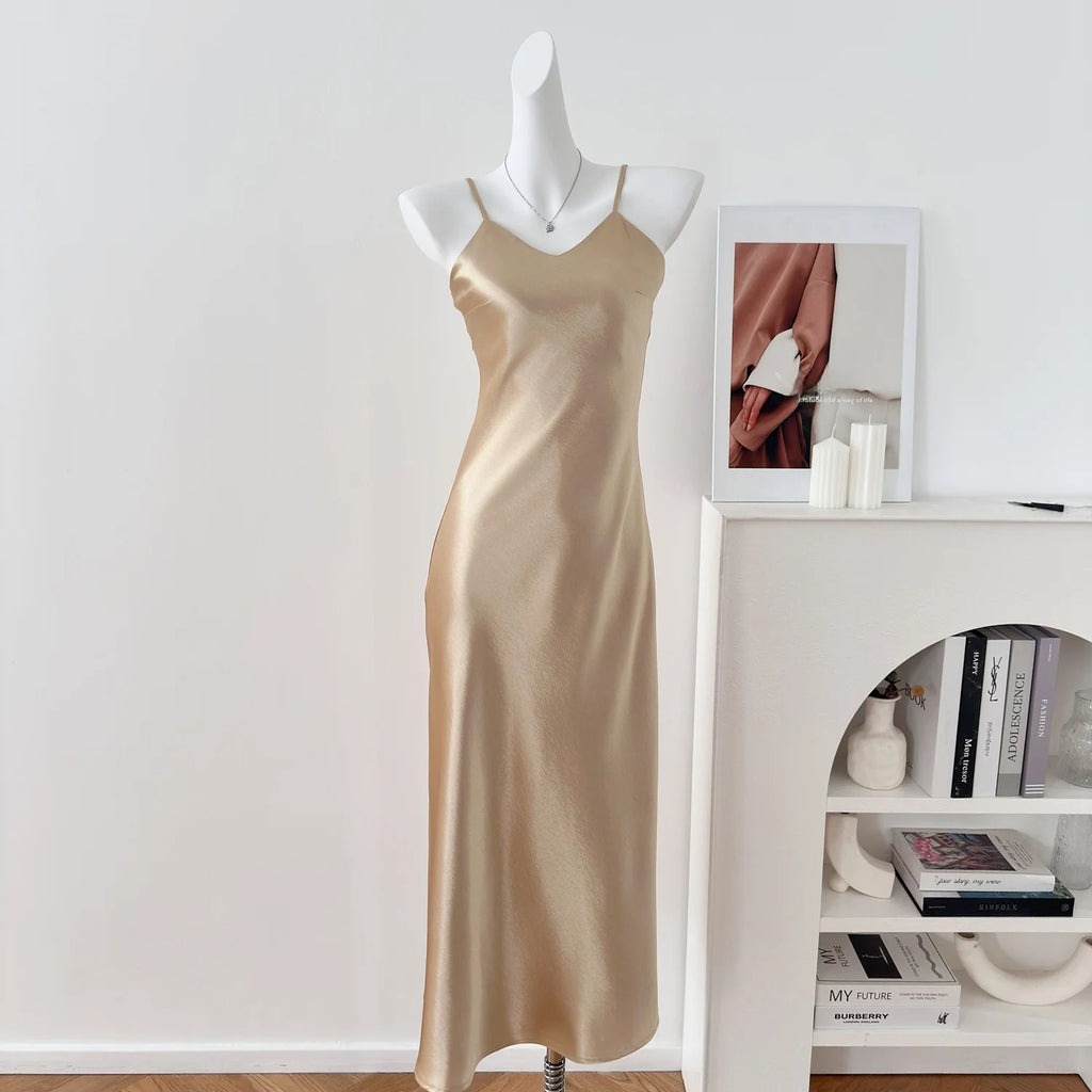 Elegant Chinese Style Satin V-Neck Sleeveless Women's Dress Slimming Waist Design Summer City Walk Long Skirt Inner Wear