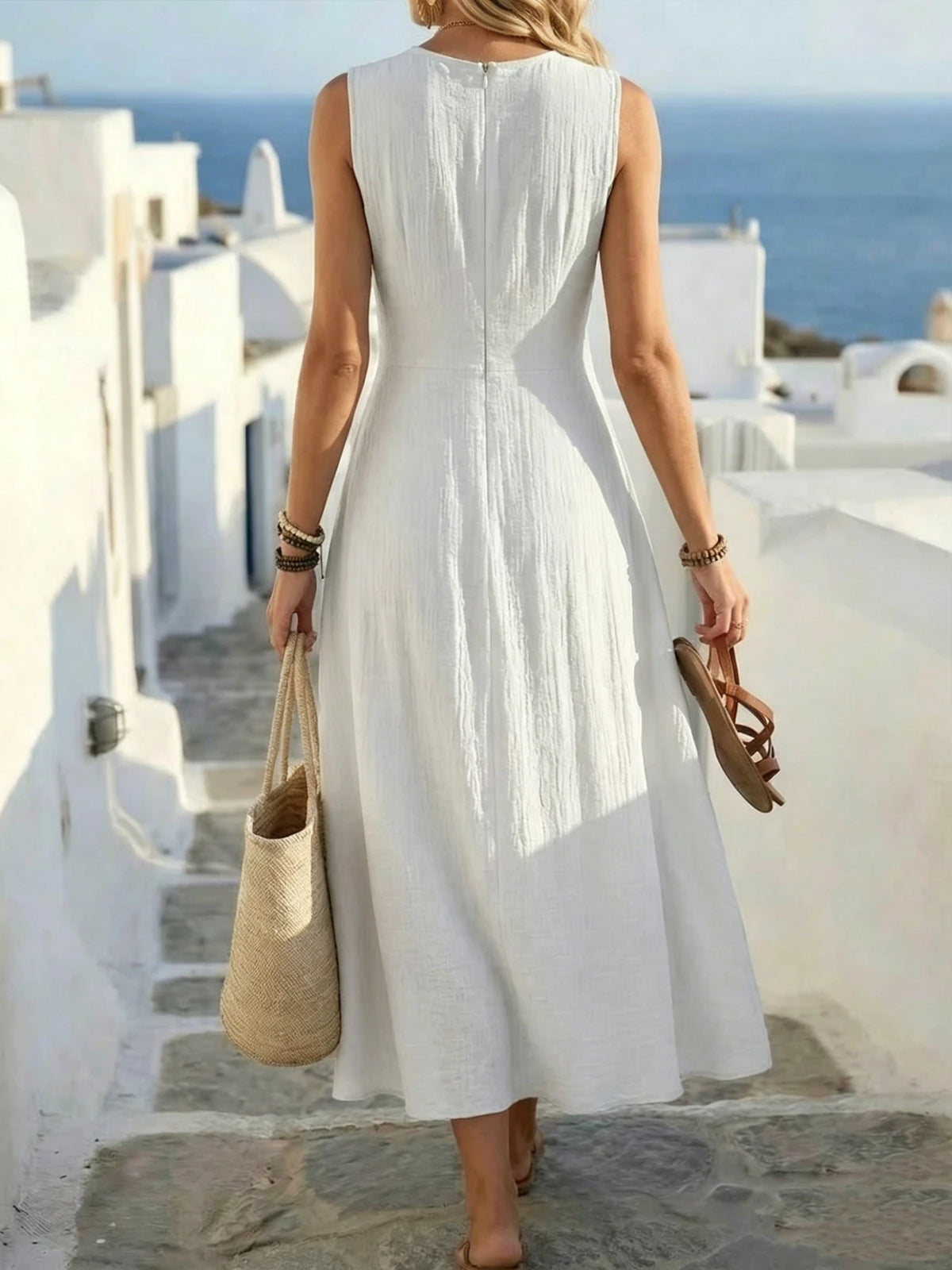 Women's Summer Fashion New Style Elegant Crossed Waistline Round Neck Sleeveless Solid Color Resort Style Maxi Dress