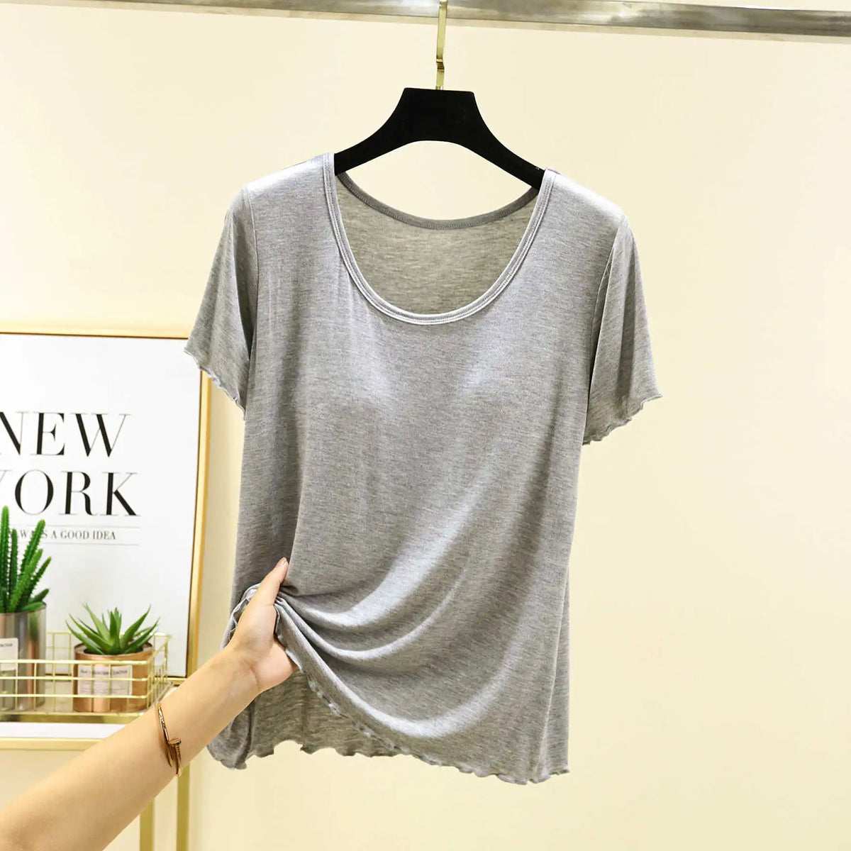 Modal No- Bra T-Shirt One-Piece Short Sleeve Women Summer Wear Casual Solid Color Base Layer Outdoor Wear round Neck T-Shirt
