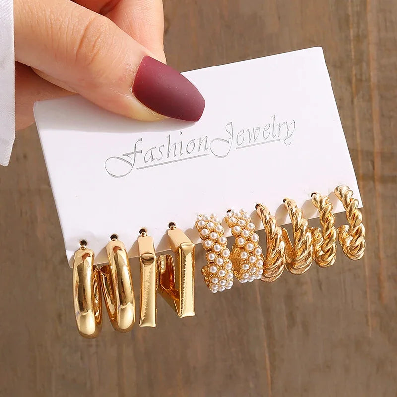 New Gold Color Vintage Geometry Pearl Earrings Set Metal Twine Square Dangle Earring Round For Women'S Trendy Jewelry