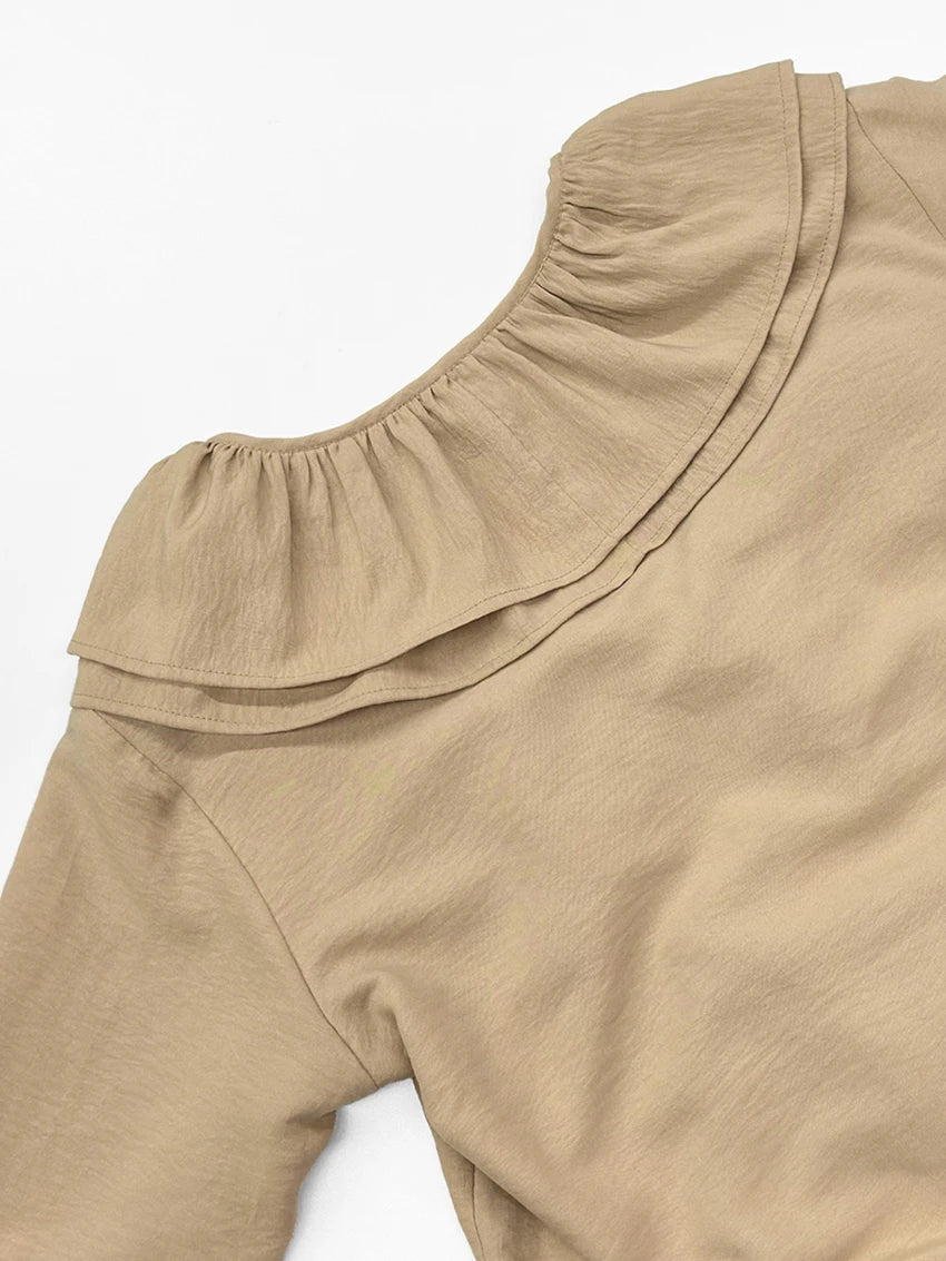 Parc Fee Fashion Loose Khaki Women's Dress Sexy V-Neck Long Sleeve Ankle Length Dresses Elegant Classic Ruffles Female Dress
