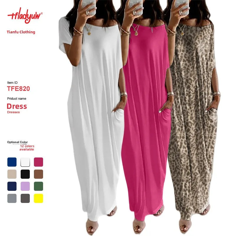 Casual Pure Color Short Sleeve Long Dress Women's Summer New Style Cross-Border TK Loose Waist Milk Fiber Straight Cut Dress