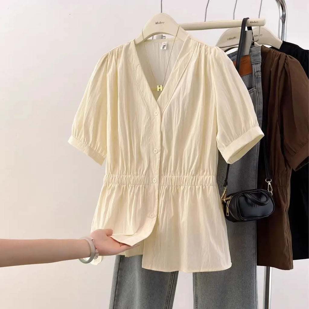 200 Pounds Plus Size Elastic Waist Office Lady Trend Shirt And Blouse Solid Color Top Women Clothing V-neck French Chic Basics