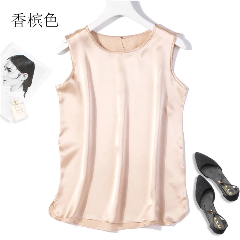 Elegant Fashion Satin Tank Tops Office Lady Blouse Shirts plus  Summer Slim Sleeveless Vest Women Simple O-neck Tops y2k clothes