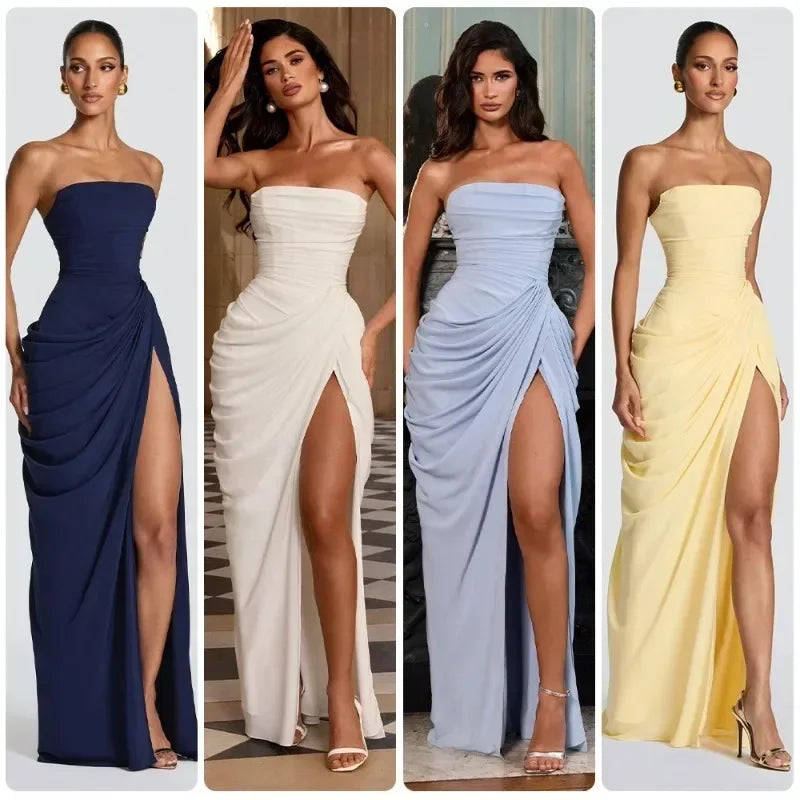Elegant Strapless Ruched Maxi Dress Sexy Backless Lace Up Cinched Waist Slit Draped Bodycon Dresses Cocktail Party Evening Gown