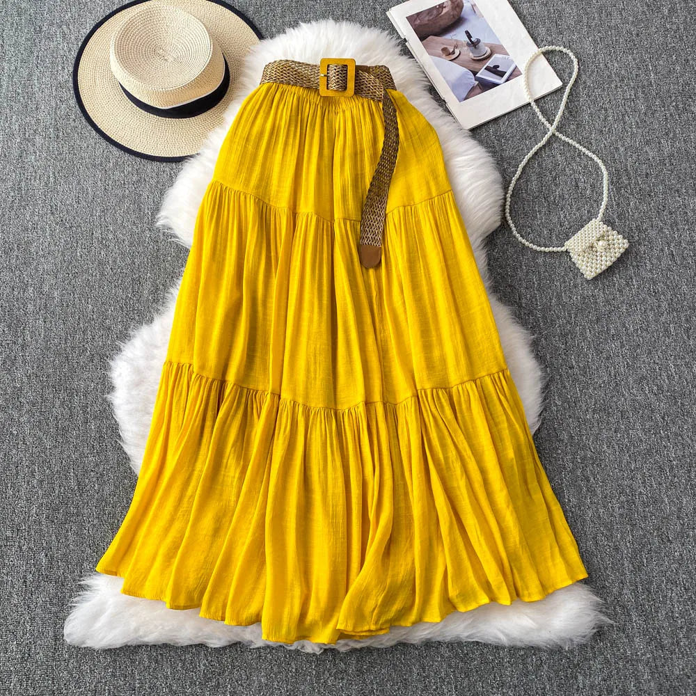 White Casual Mid-Length Puffy Skirt Women's Summer High Waist Slimming Cake Skirt Korean Sle Commute A-Line Skirt