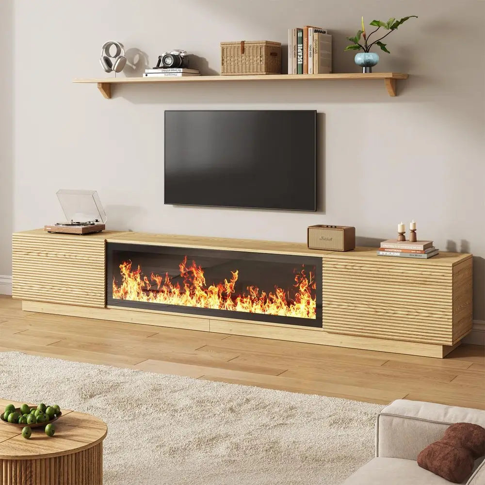 Fireplace TV Stand, Fluted TV Stands for Living Room, Natural Entertainment Center with Unheated Electric Fireplace, 5 Flame Br