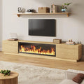 Fireplace TV Stand, Fluted TV Stands for Living Room, Natural Entertainment Center with Unheated Electric Fireplace, 5 Flame Br