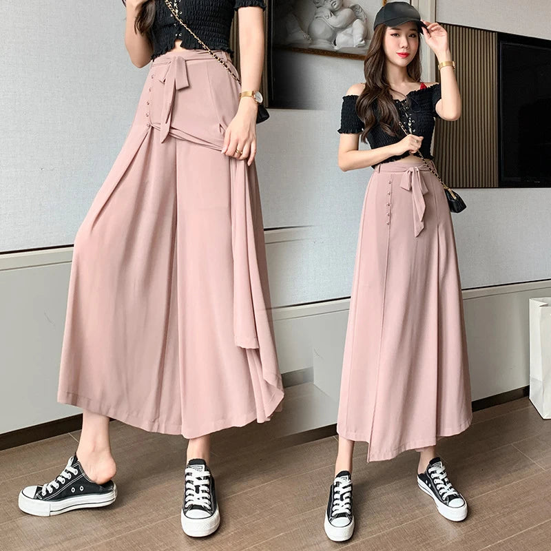 Summer Elastic Pleated Skirt Women Chiffon Trouser Skirt High Waist Casual Wide Leg Pants Fashion Streetwear Pants Pantalones