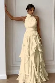 Women Mock Neck Sleeveless Tiered Ruffle Maxi Dress Draped Flowy Long Gown Formal Wedding Guest Evening Party Dresses