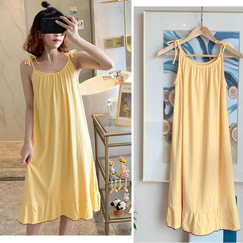 Korean Style Ladies Lovely Summer Sleeveless Strap Sleepwear Woman Night Dress Sleeping Nightgown Home Clothes
