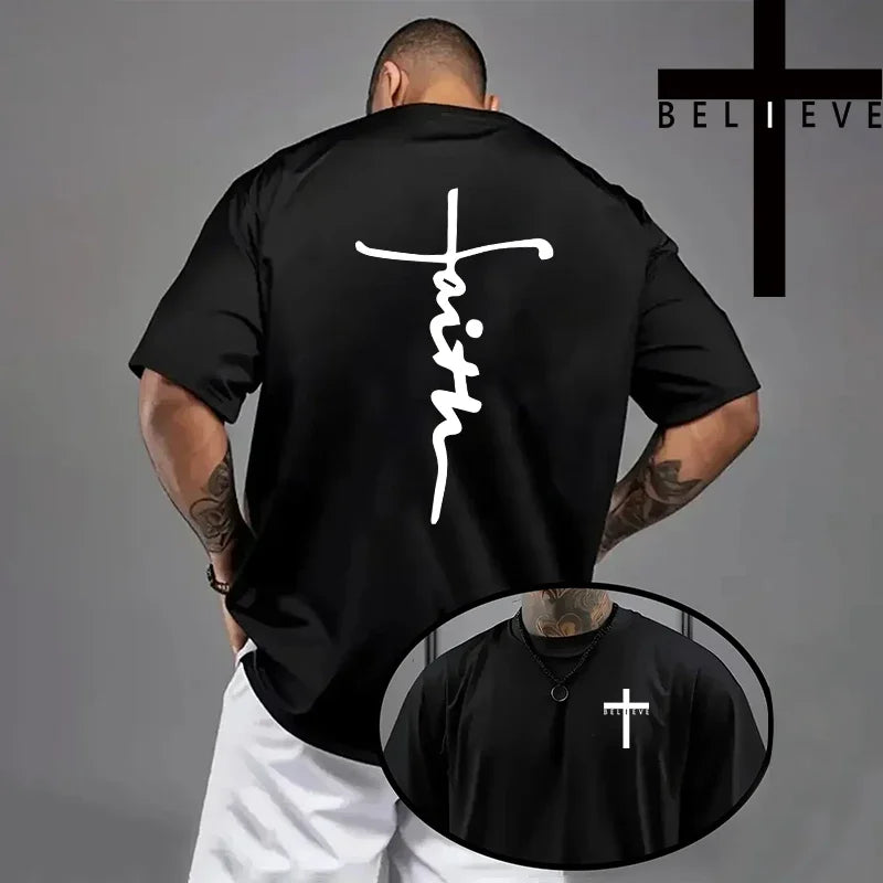 Men's Jesus Cross Print T-Shirt - Casual Short Sleeve Cotton Tee