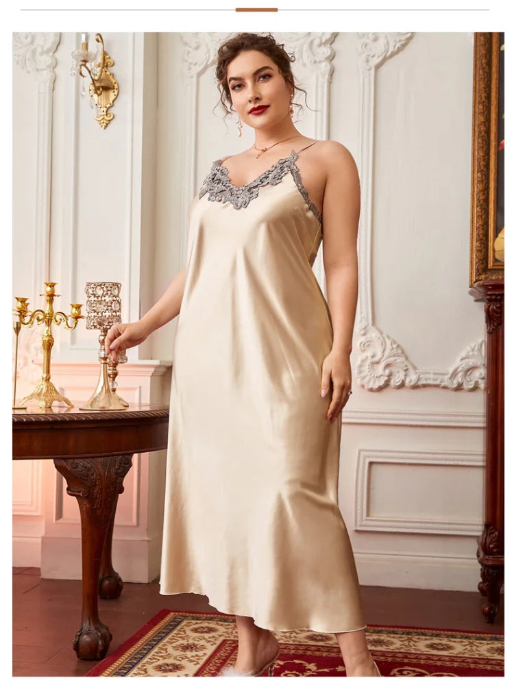 Extra Large Size Long Loungewear 150kg Plus Size Ins Trend Maxi Nightdress Sexy Loose Ice Silk Suspender Nightgown Summer Pajama