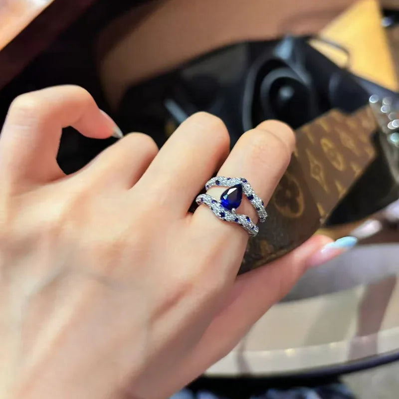 Light luxury and high-end dual color blue droplet gemstone rings for women exquisite inlay diamonds fashion ring wedding jewelry