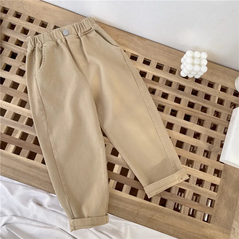 2-7Y New Autumn Casual Pants Solid Color Elastic Waist Pants with Side Pockets for Boys Girls Cotton Trousers Daily