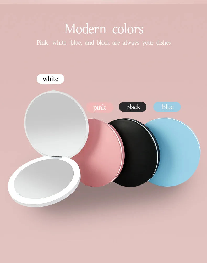 New Mini LED Luminous Makeup Mirror Round Portable Foldable Small Compact Mirror with Light USB Handheld Makeup Lighted Mirror