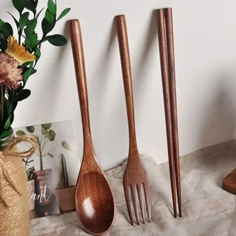 3Pcs Japanese Wooden Reusable Sushi Chopsticks Spoon Cutlery Set Non-slip Travel Dinnerware Suit Tableware Kitchen Tools