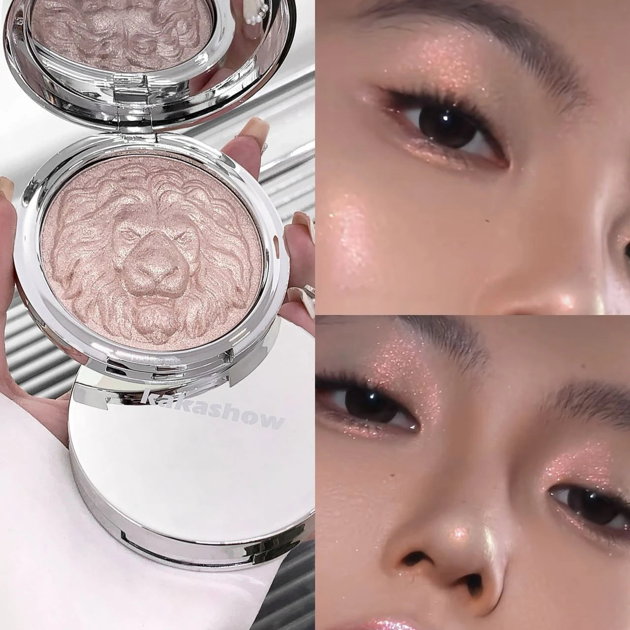 Three-Color Lion Shiny Highlight Soft And Delicate Powder Clear Pearlescent Glitter High Gloss Cream Makeup Pressed Powder