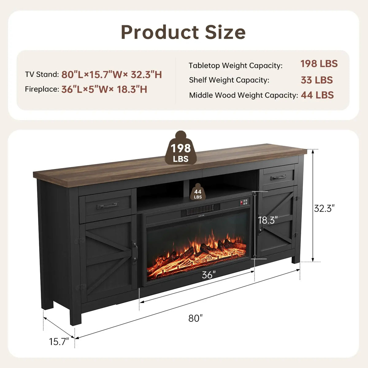 80" Black TV Stand With Sliding Barn Door & Fireplace Insert, Modern Living Room Media Console, Customized