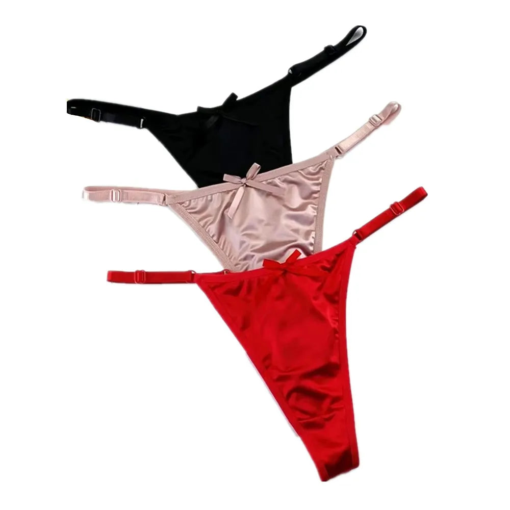 3PCS/Set Glossy Satin Pink Thong Adjustable Low Waist Women Smooth Silk G-string Sexy Plus Size Panty Set Underwear