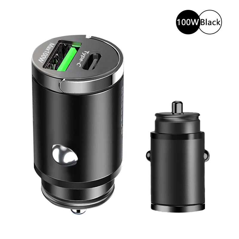 100W Mini Fast Car Charger, Dual Port USB-C and USB-A Adapter