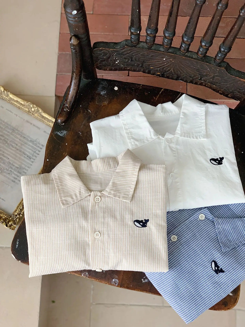 2-7Y Kids' shirts Small fish embroidery striped Boys Cardigan cotton turn-down collar Children's long sleeve shirt