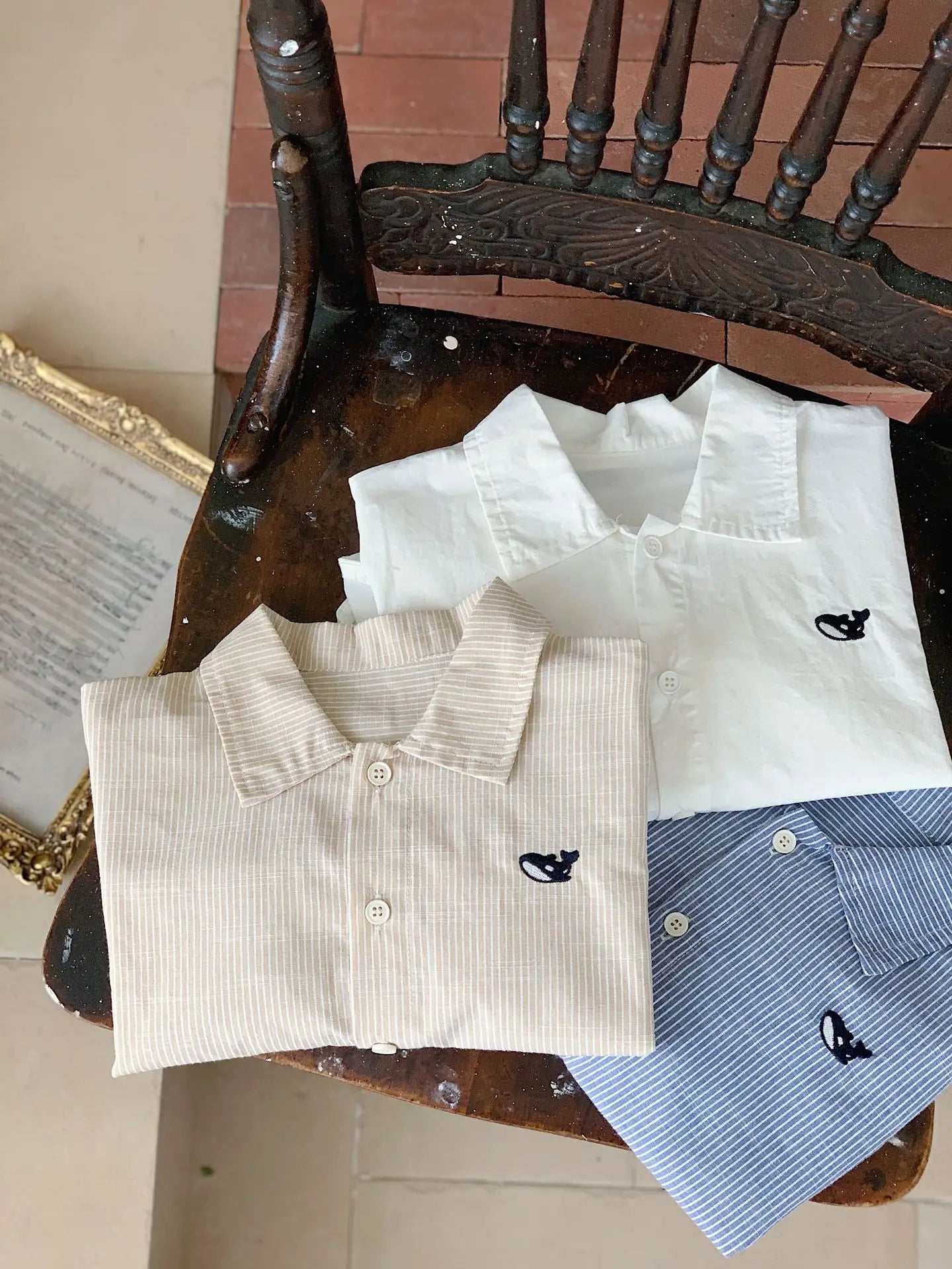 2-7Y Kids' shirts Small fish embroidery striped Boys Cardigan cotton turn-down collar Children's long sleeve shirt